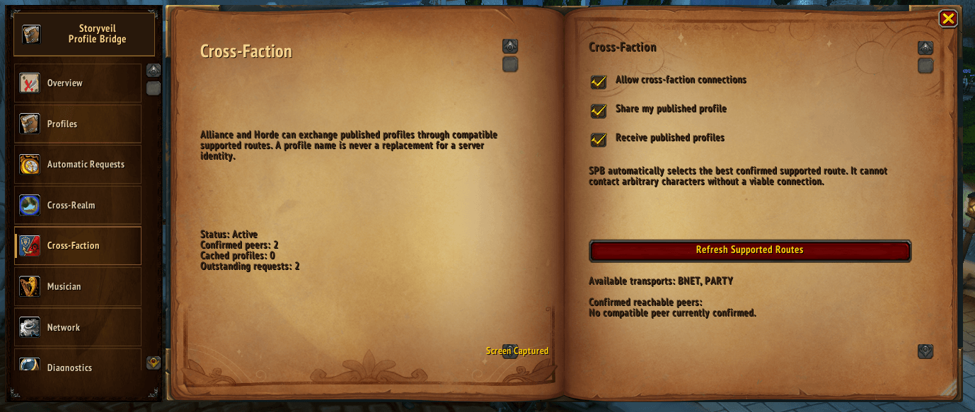 Thumbnail Share and receive published RP profiles between Alliance and Horde characters when a supported connection is available. Control whether your profile is shared and whether profiles from other players are received.