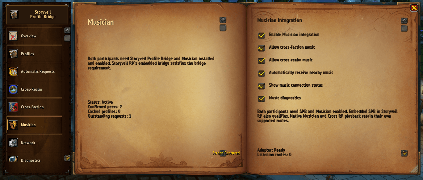 Thumbnail Bring more music to your roleplay with integrated Musician support. Enable music sharing across factions and realms, automatically receive nearby performances, and monitor music connections. Both players need Musician and Storyveil Profile Bridge enabled.