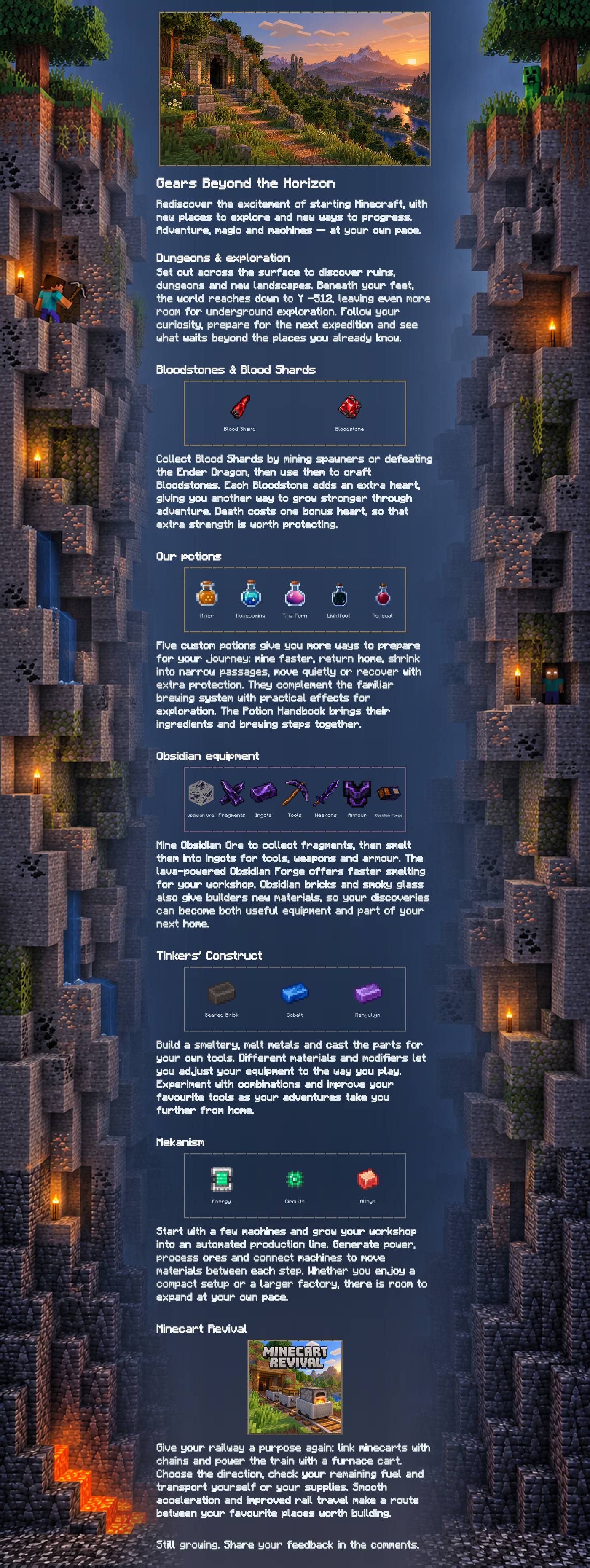 Explore Gears Beyond the Horizon: dungeons and exploration, Bloodstones and Blood Shards, potions, obsidian ore and the Obsidian Forge, Tinkers’ Construct, Mekanism and Minecart Revival