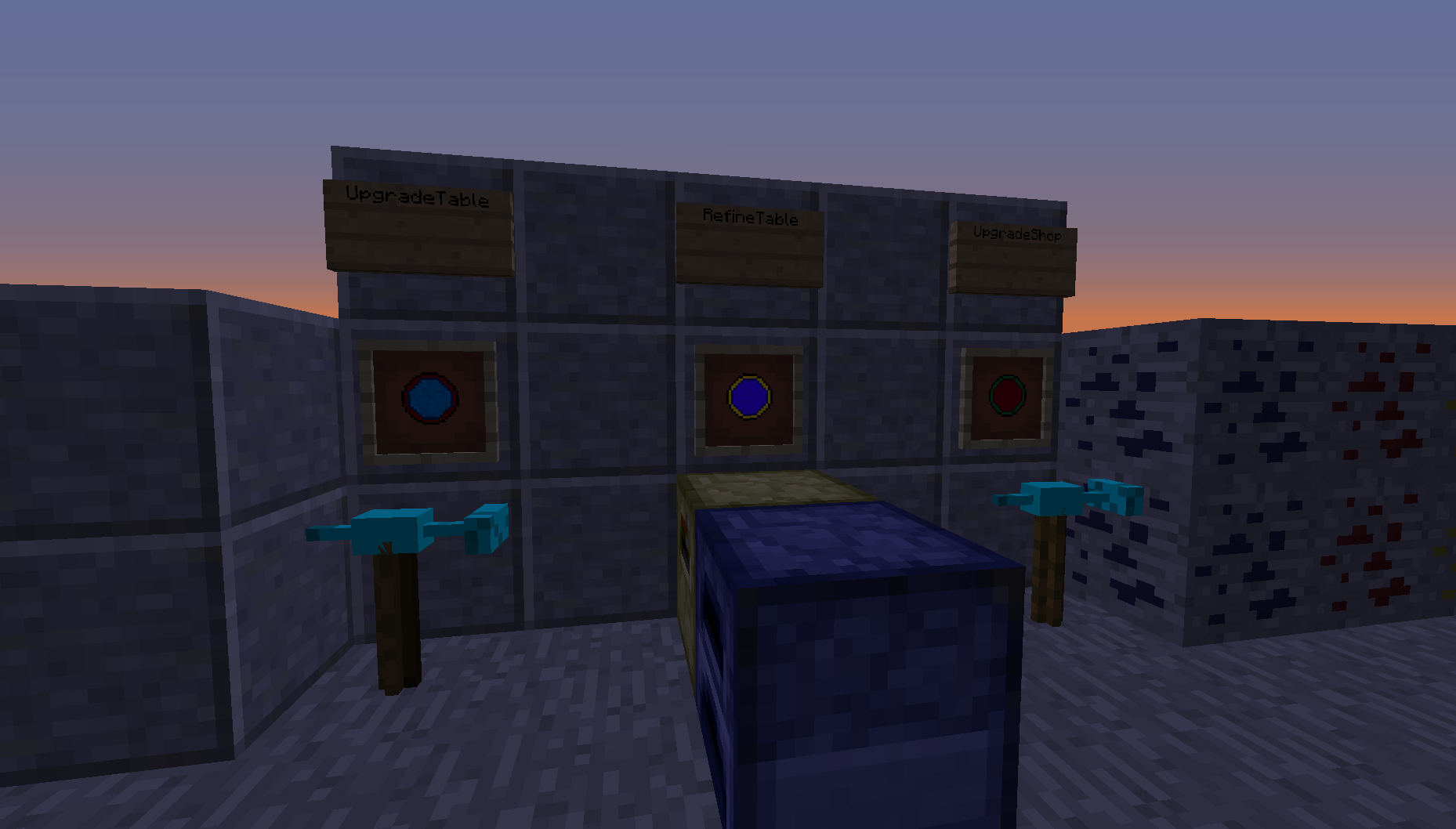 UpgradeTable (left), RefineTable (right near UpgradeTable), XathFurnace(for RefineTable)
and to the right the UpgradeShop
