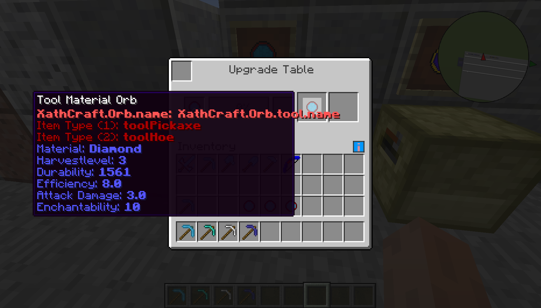 Example material: Diamond but it works with every vanilla pickaxe and a lot of pickaxes from
mods (IC2, this mod, GC3, DE)
But pickaxes are not the only tools that work.
Axes and shovels works too! For swords you needs a axe and for hoes a pickaxe.