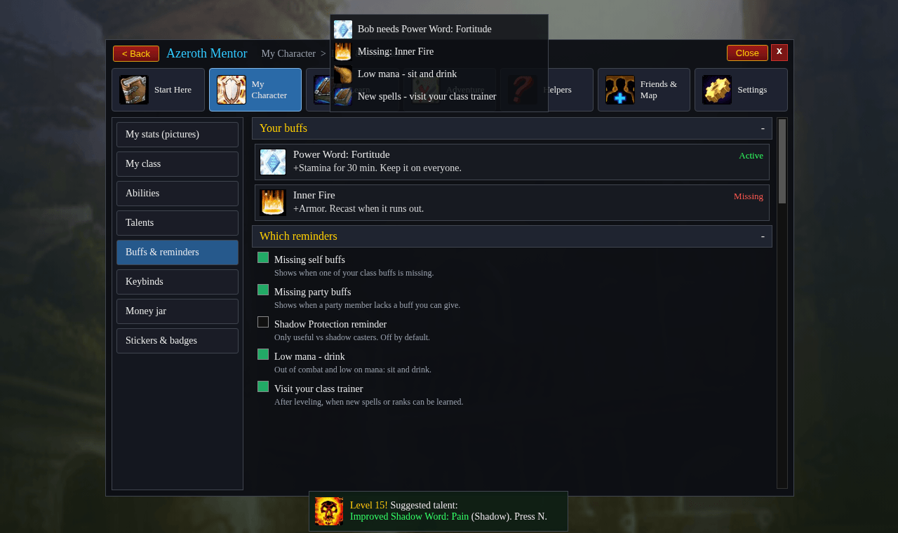 Thumbnail Buff and reminder box: missing buffs, low mana, full bags, damaged gear.