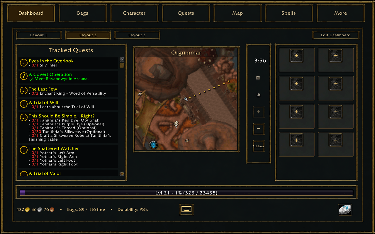 Thumbnail A dashboard layout with tracked quests, minimap, map controls, Quick Access and experience bar.