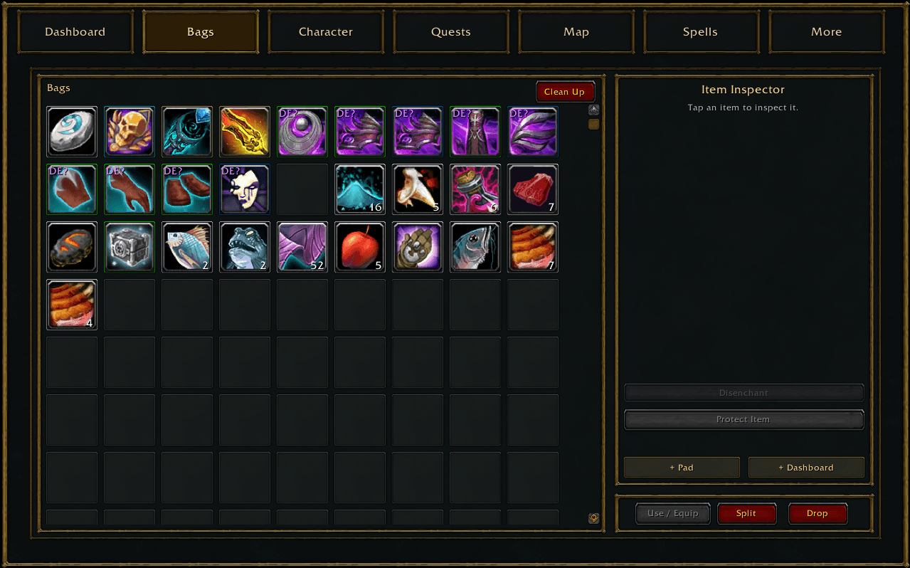 Thumbnail The inventory grid with a separate item-inspector panel and touch-sized action buttons.