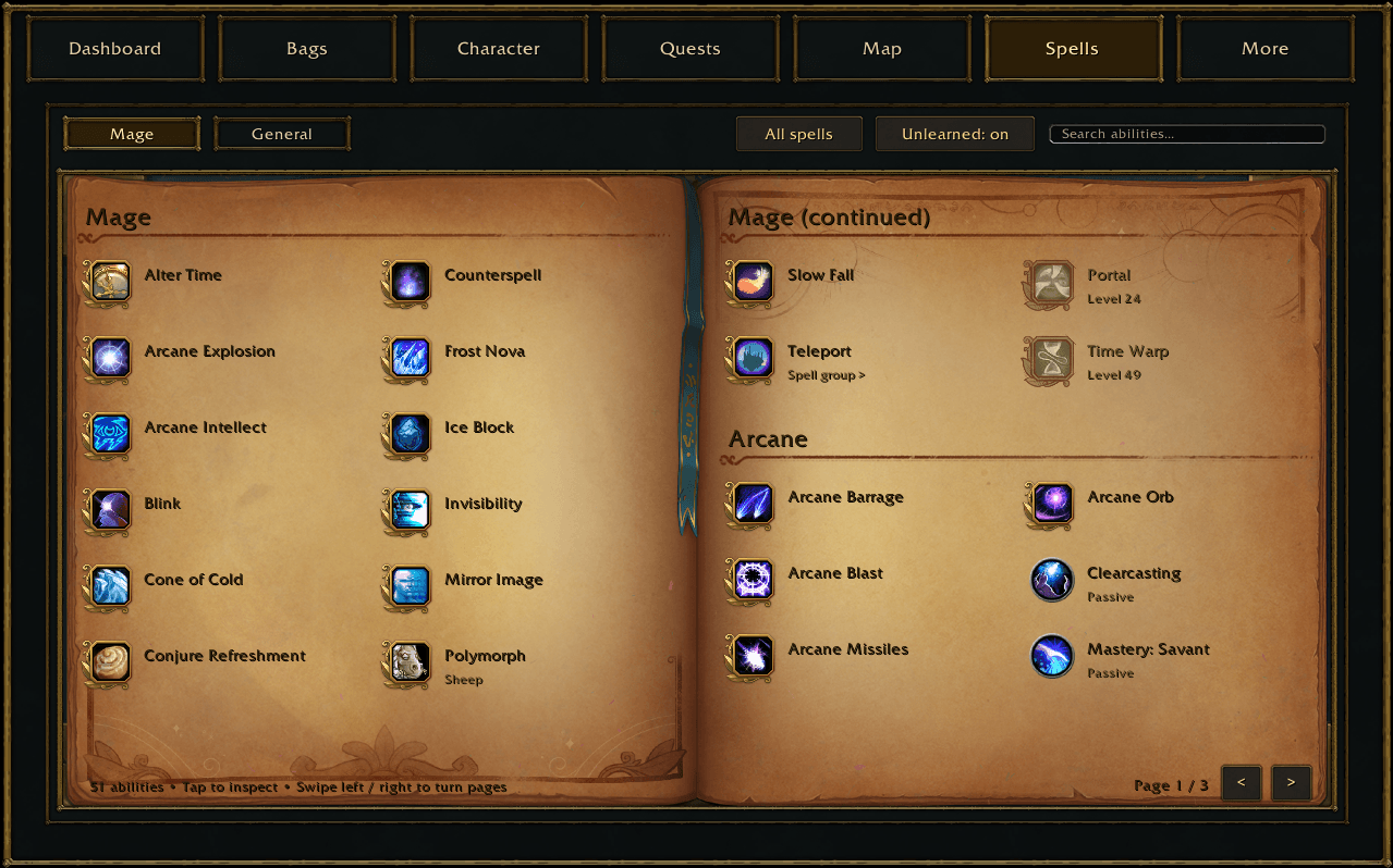Thumbnail The parchment spellbook with Mage abilities, active and passive spells, and page controls.