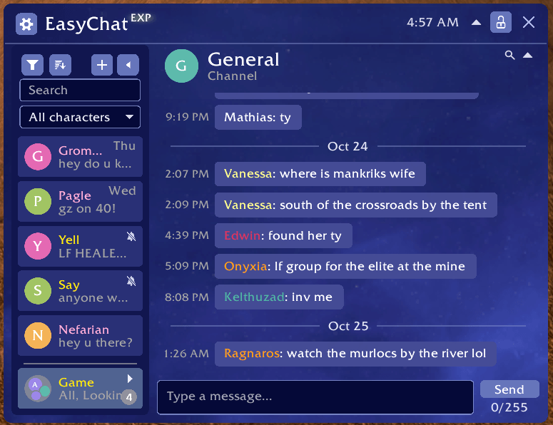 Chat window example. Game channels are gathered in a chat group at the bottom left. The sidebar on the left can be dragged right/left to expand/contract, or be minimized. Almost all of what you see here can be customized in some way.