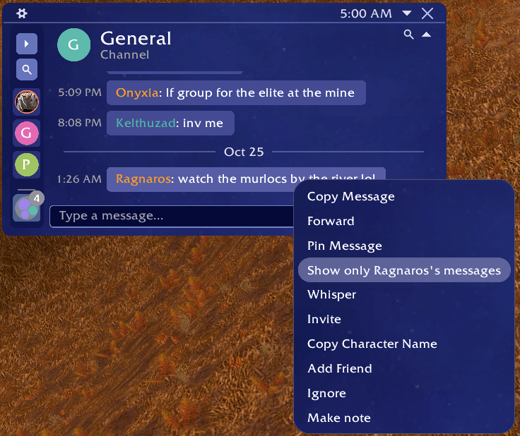 Options menu from right clicking a chat message. Many other general chat settings available in the primary settings window.