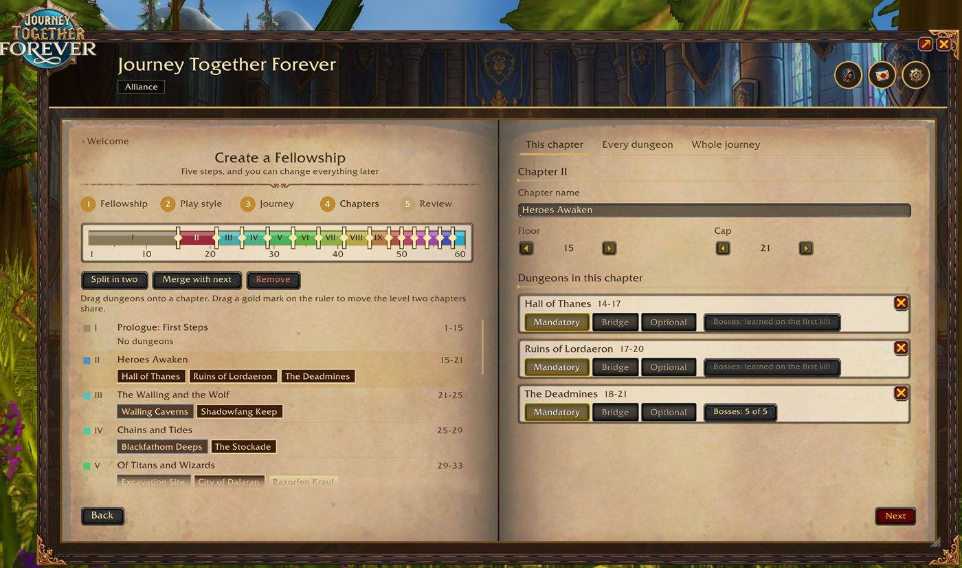 Thumbnail The ruler, the chapters with their dungeons, and the chosen chapter.