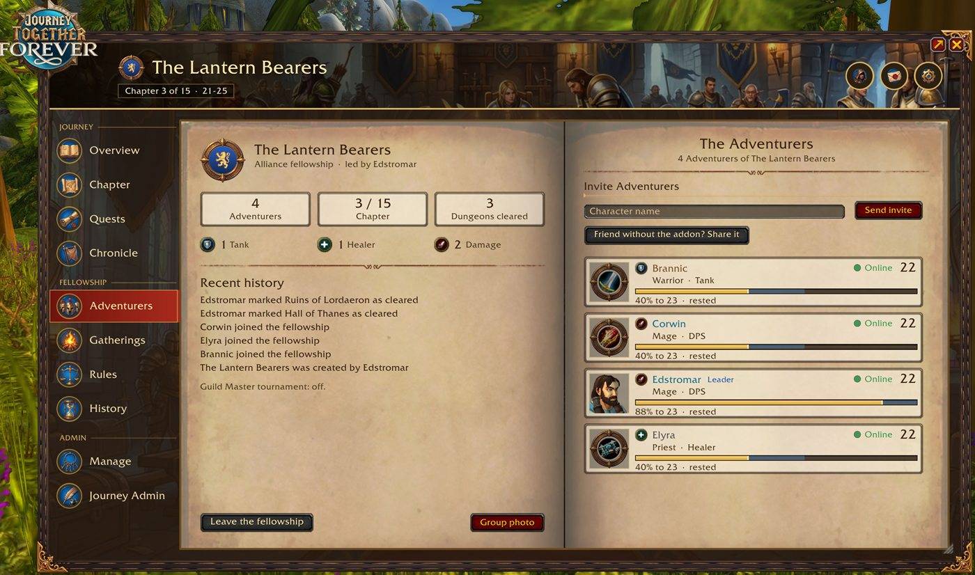 Thumbnail Every Adventurer with role, class, level, XP and presence.