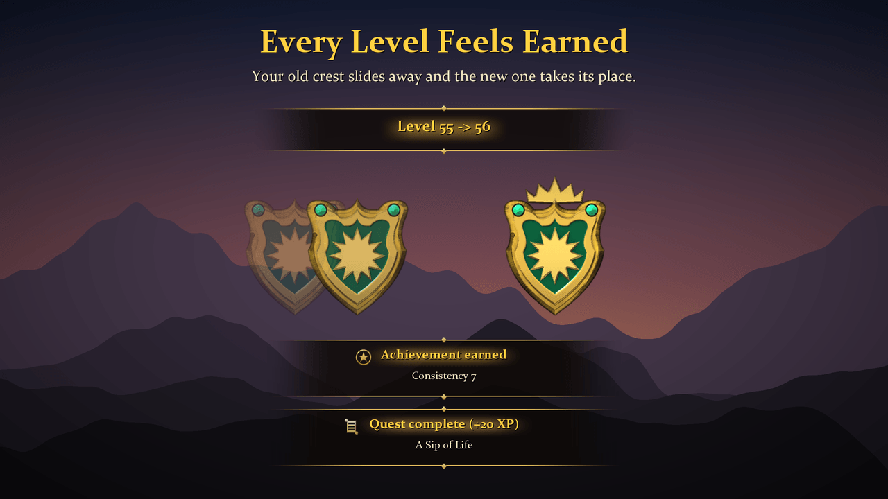 Your old crest slides away, and quests and achievements take turns below.