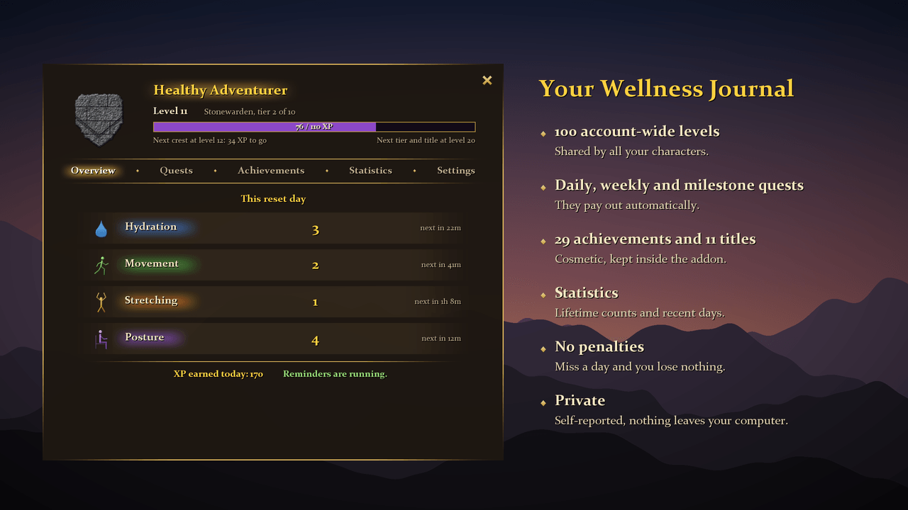 Levels, quests, achievements, statistics and settings in one place.