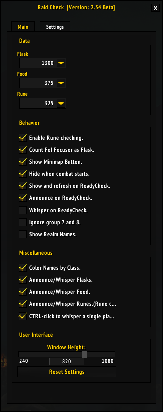 Raid Check settings