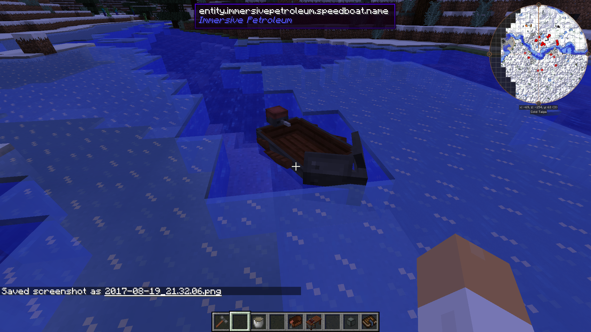 An Icebreaker motorboat from Immersive Engineering and Immersive Petroleum, after having broken through a frozen river. Brrrrr...
