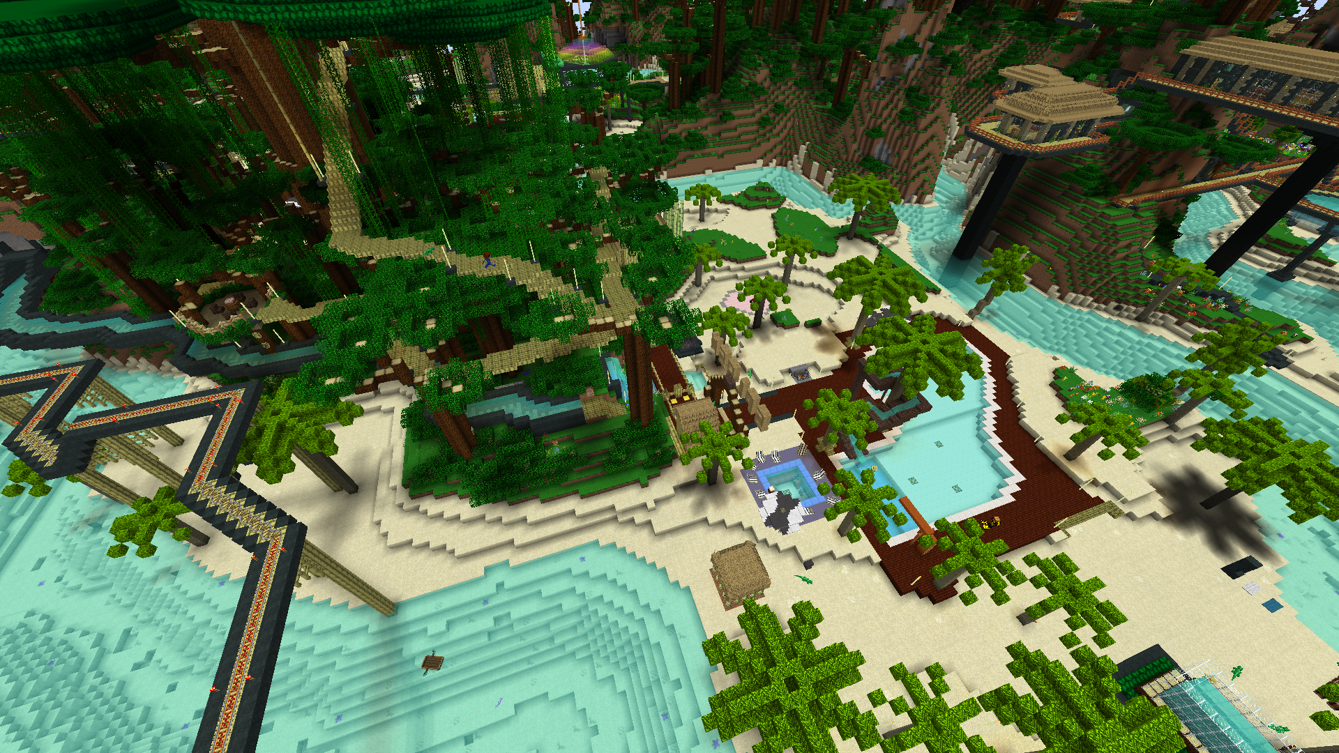 Water park (left), Spawn (behind), and Mountain House (right)