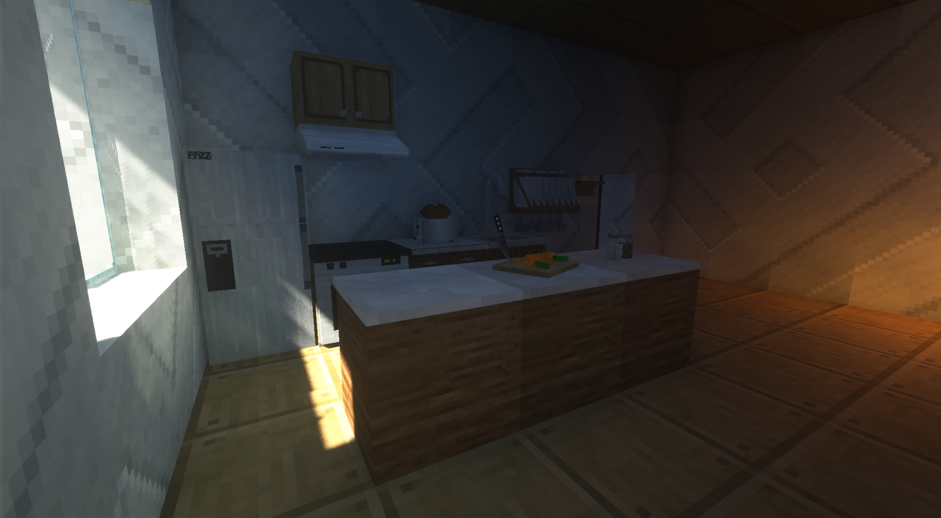 This kitchen was created with Deco Craft and slightly better embellished or embellished with the Seus Renewed shader.