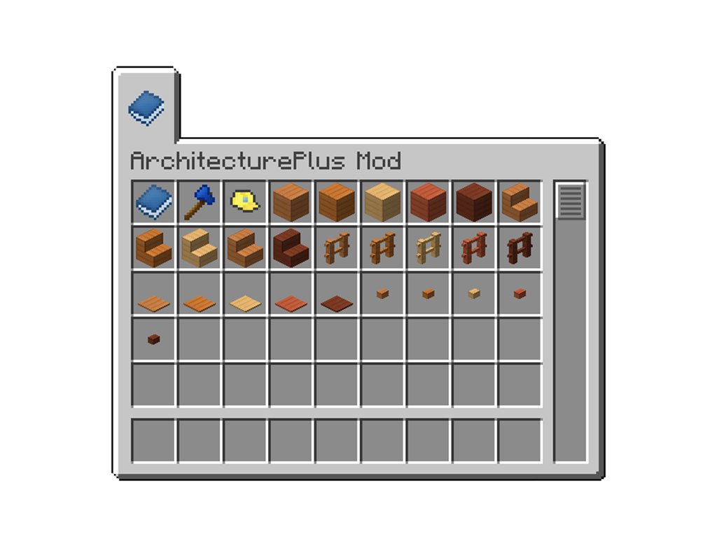 All items and blocks that are added by ArchitecturePlus Mod (it's a picture of a ArchitecturePlus creative tab)