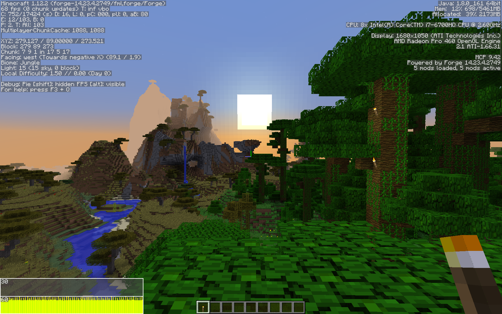 Baseline vanilla forge render performance with complex terrain and 16-chunk render distance. After all chunks are loaded, FPS is around 70/second.