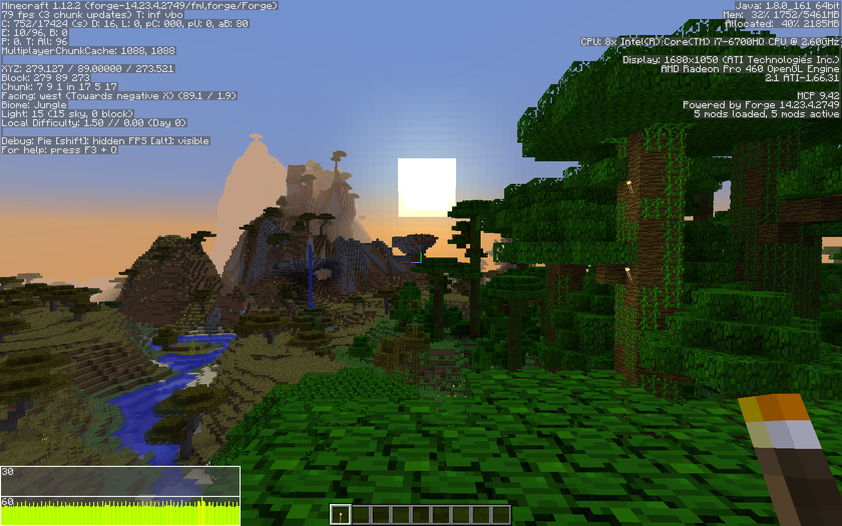 Same scene rendered with Acuity enabled. After all chunks are loaded, FPS is around 80/second. Note there is a defect here: Acuity renders slightly darker. Probably caused by differences in light map handling, and will be fixed in a future version.