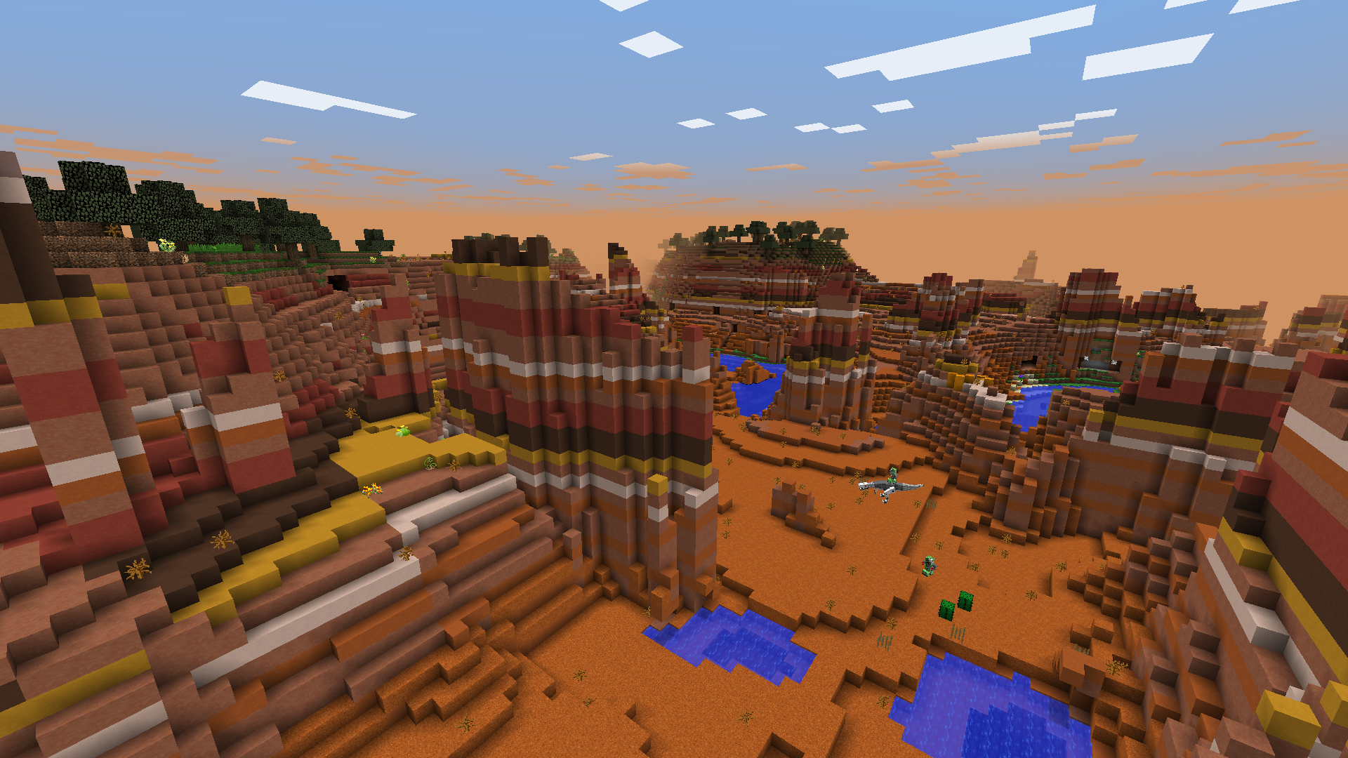 If you download this pack, you can breed and ride robot dinosaurs and shoot with laser guns! (Laser Creeper Robot Dino Riders From Space) Also, I like Mesas. (GeographiCraft)