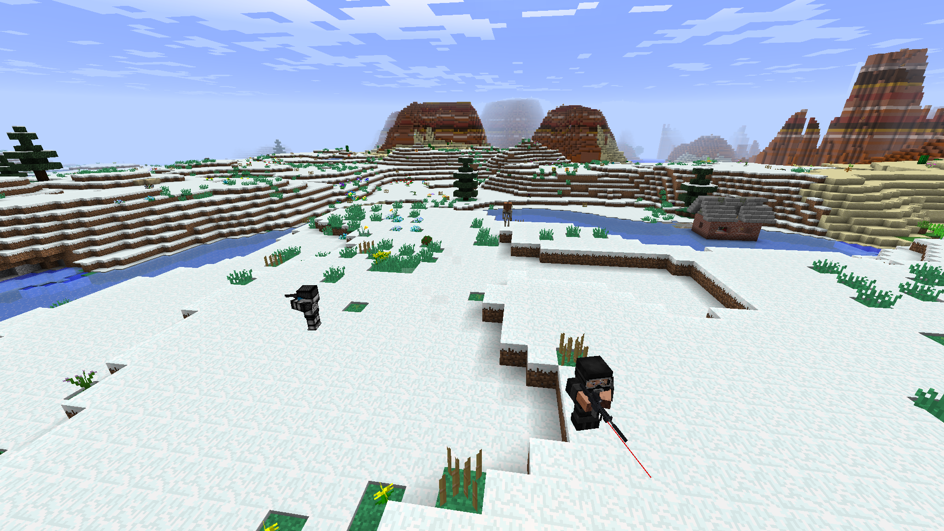 The Overworld is a desert planet with "interestingly" armed mobs. (GeographiCraft, TechGuns)