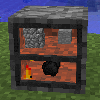 A picture of a 3D furnace in action smelting cobblestone to stone.