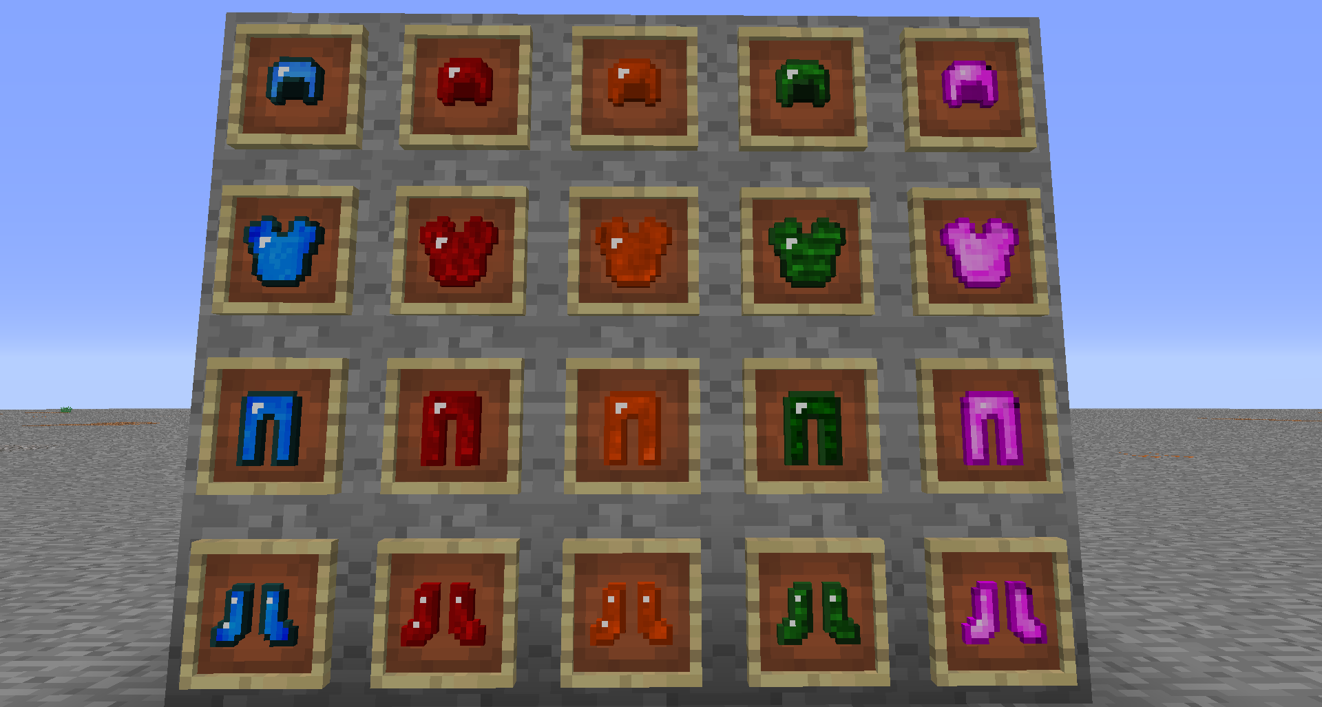 BLUE: Celestine
RED: Rhodonite
ORANGE: Orpiment
GREEN: Cantorite
PINK: Fellorite