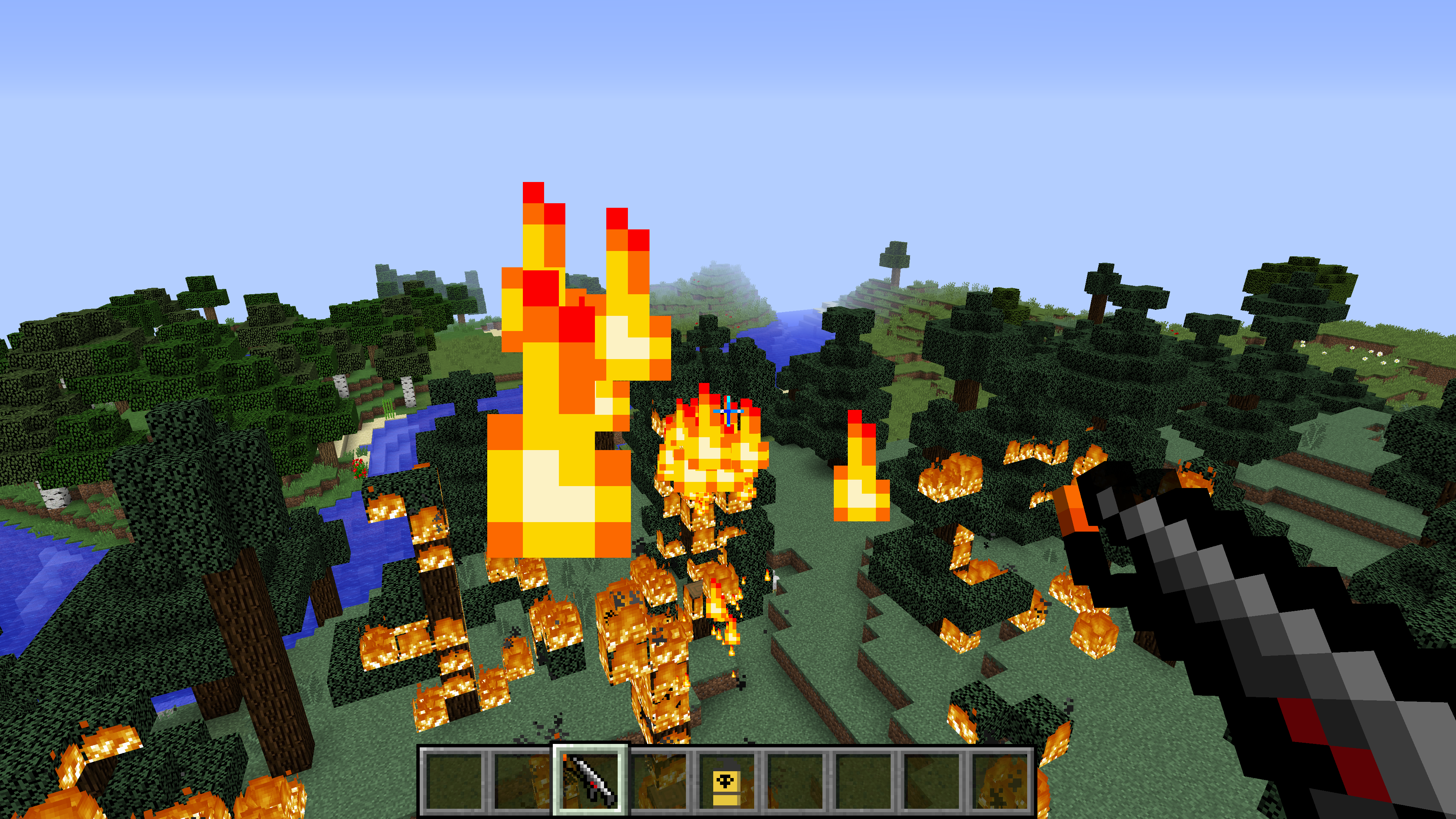 You can quickly catch an entire forest on fire with the flame thrower.