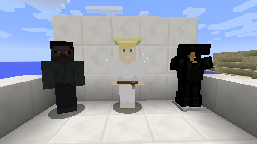 This picture shows the Phantom of Night, the Guardian of Light, and the Cloaked armor set.
