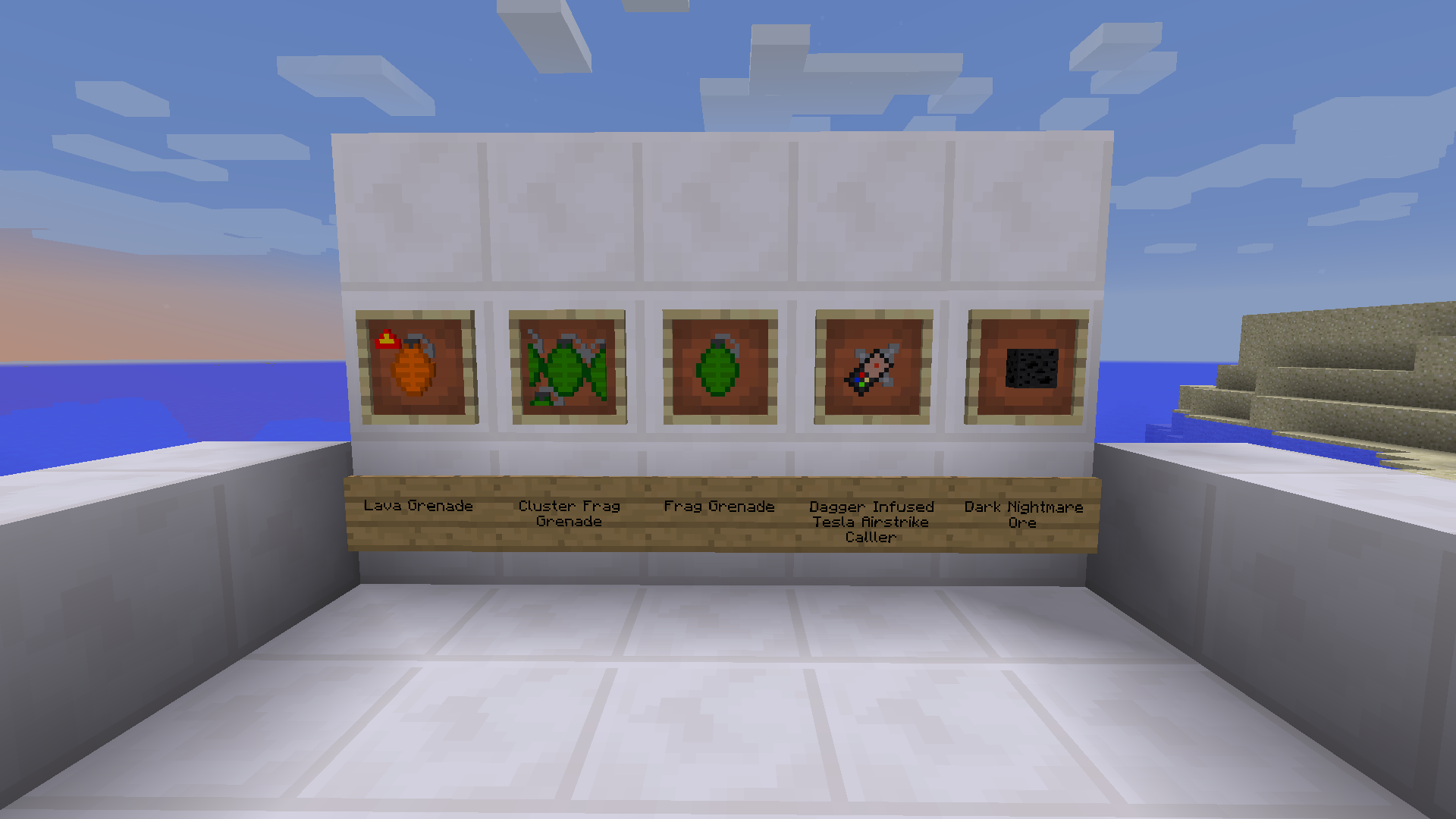 This picture shows the Lava Grenade, the Cluster Frag Grenade, the Frag Grenade, the Dagger Infused Tesla Airstrike Caller, and the Dark Nightmare Ore.