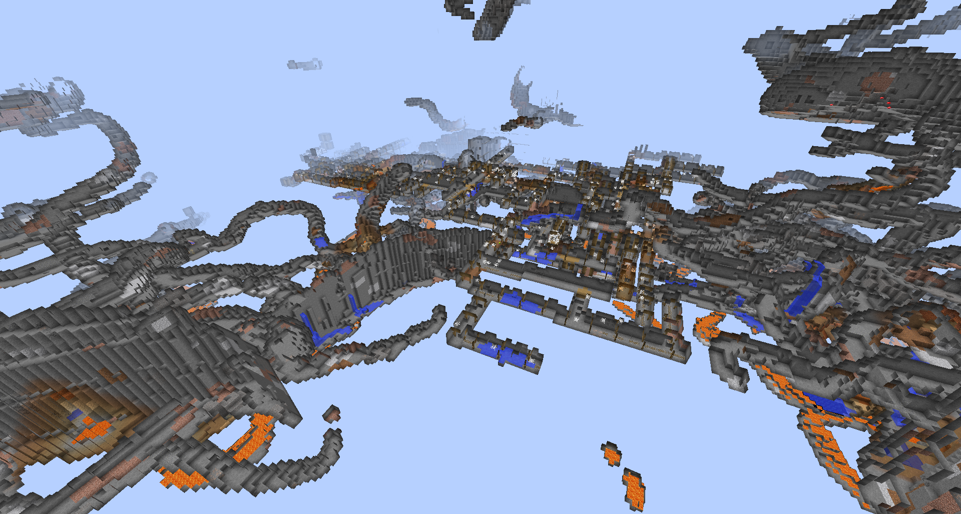 An example from Spectator Mode with ravines, caves and mineshafts enabled.