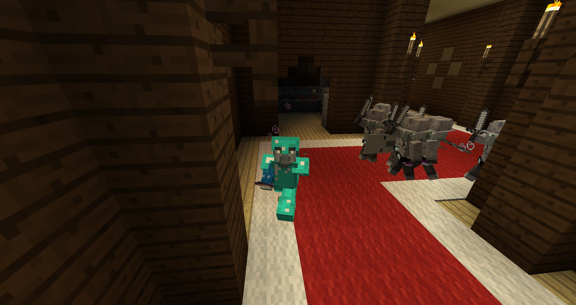 A bunch of illager guards chasing an intruder in a woodland mansion! (Note this is currently only in the 1.12 version)