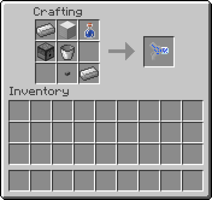 Thumbnail Consisting of:
2 Iron Ingots
1 Iron Block
1 Water Bottle
1 Dispenser
1 Bucket
1 Button