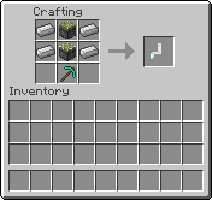 Thumbnail Consisting of:
4 Iron Ingots
2 Sticky Pistons
1 Diamond Pickaxe