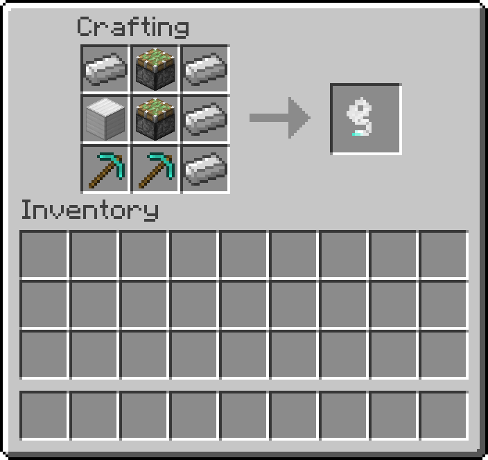Thumbnail Consisting of:
4 Iron Ingots
2 Sticky Pistons
1 Iron Block
2 Diamond Pickaxes