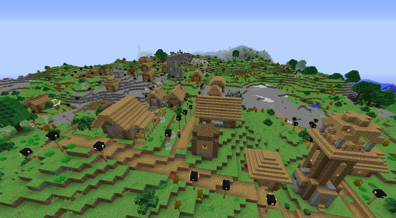 Hand made buildings, with new building for every profession, and some decorative structures as well.