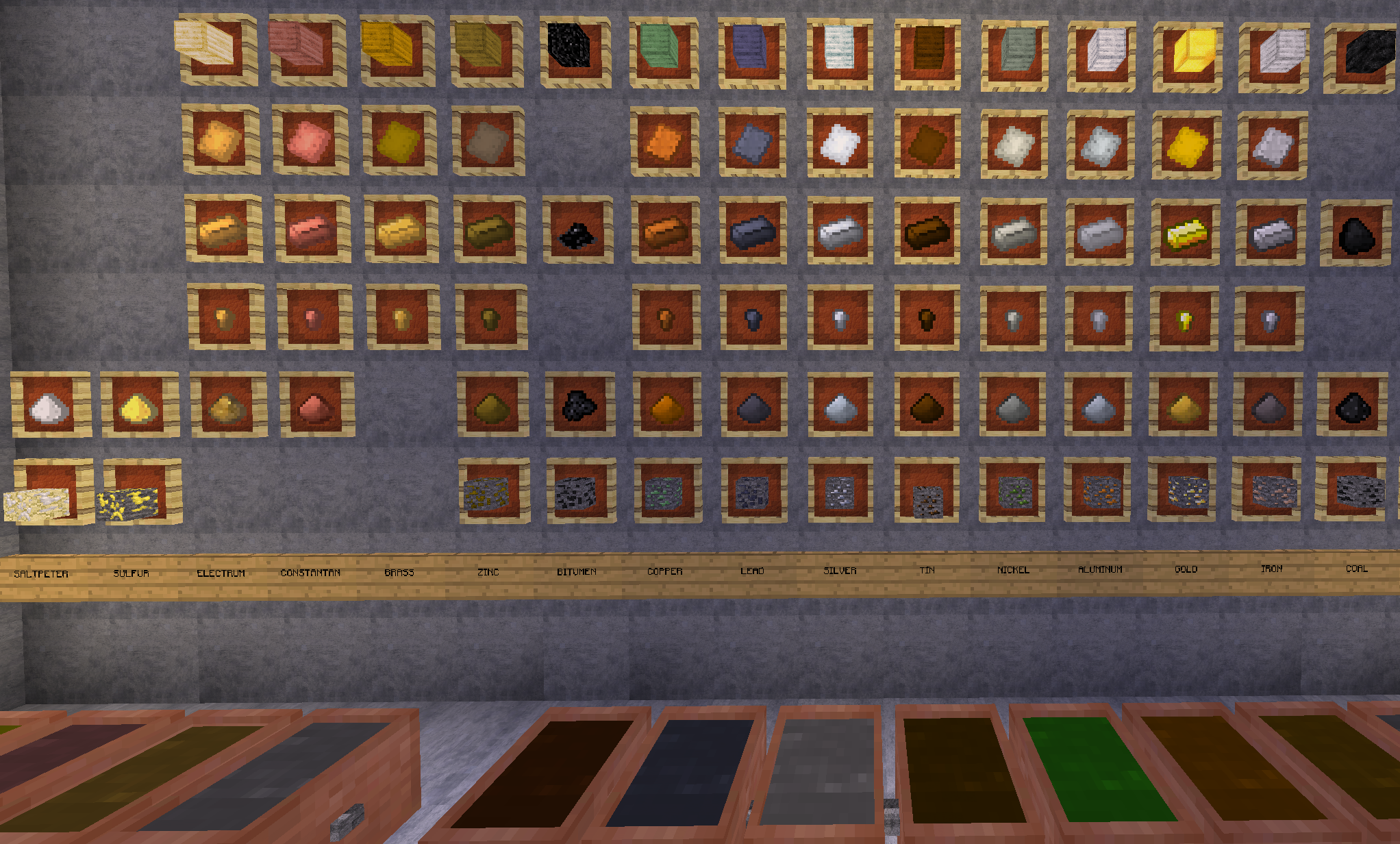 Custom ore textures and generation, including plates, nuggets, ingots and blocks, Realistico.