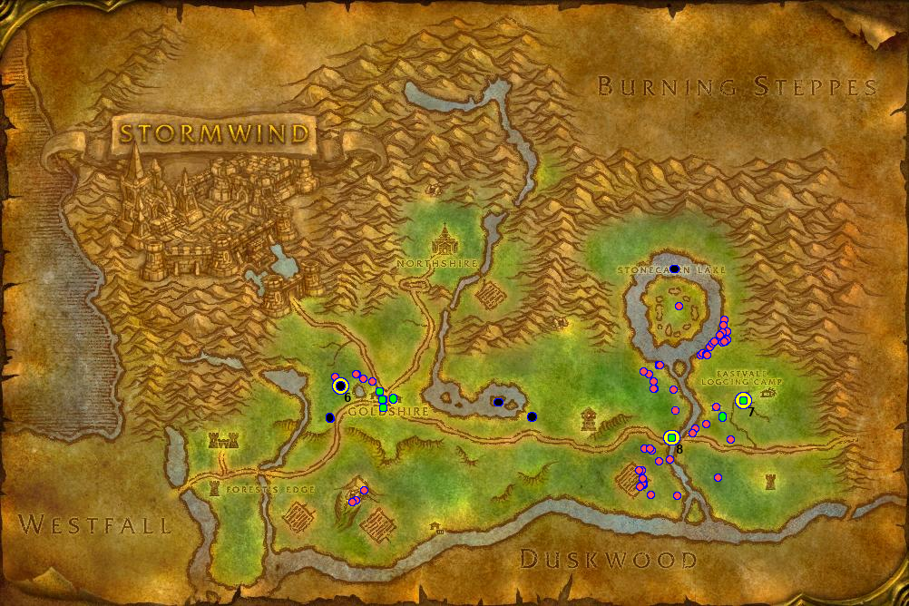 Only notable events. Purple dots are mob kills. Green dots are quest completions. Black dots are deaths. Big yellow dots are level ups with the new level noted in the bottom right. Twice I leveled up by completing quests so there are smaller green dots on