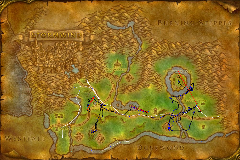 This is a map of periodic log entries to track position. Blue lines indicate normal running. Red lines show when the player is dead. White lines are flying on flight paths.