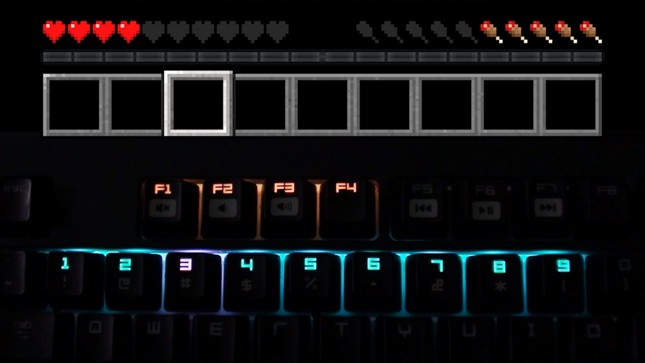 This shows the F1-F12 keys displaying the current hunger, and the 1-9 keys showing information about the hotbar.