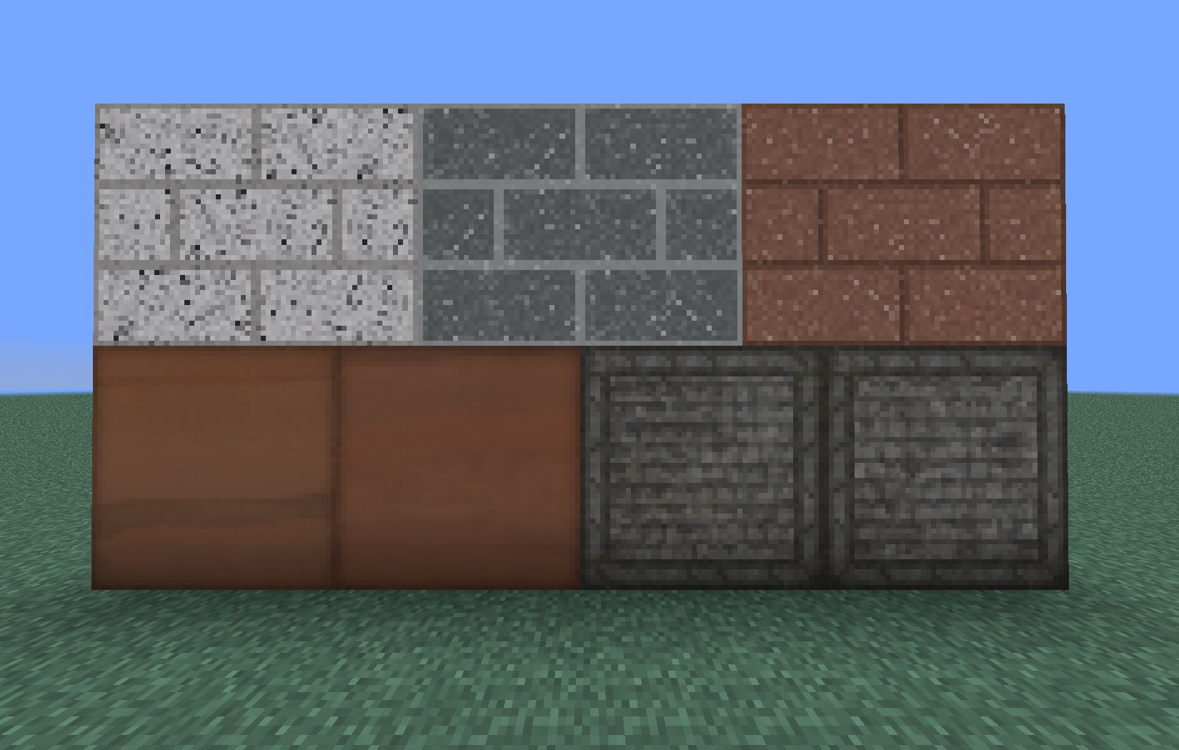 Rammed Earth, Small Square Cobbles, plus non-repeating and connected versions of Diorite, Granite and Andesite