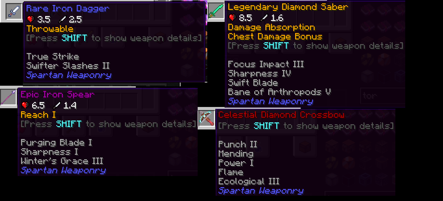These will generate in chests, thanks to Spartan Weaponry, Additional Loot Tables and a lot of time spent messing around with JSONs.
