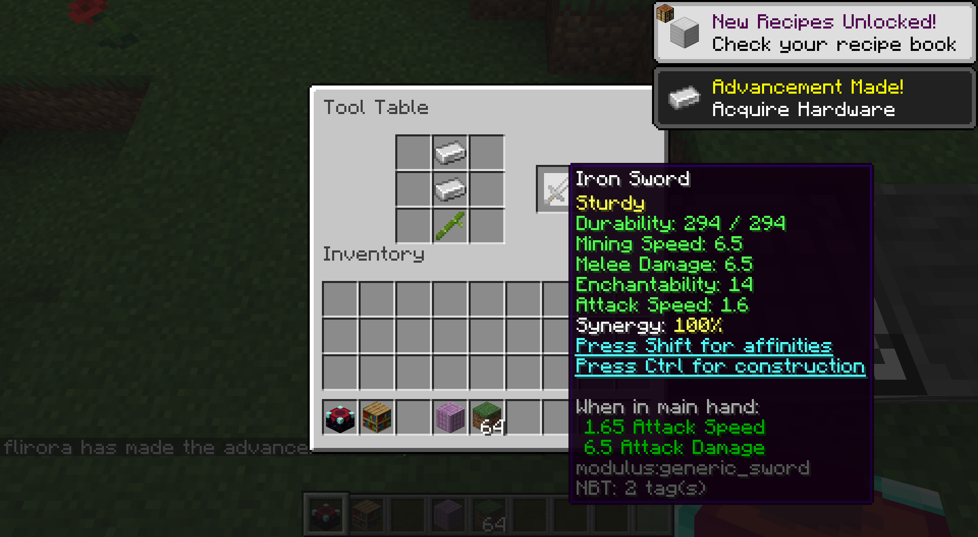 A sword is crafted from iron ingots and bamboo.