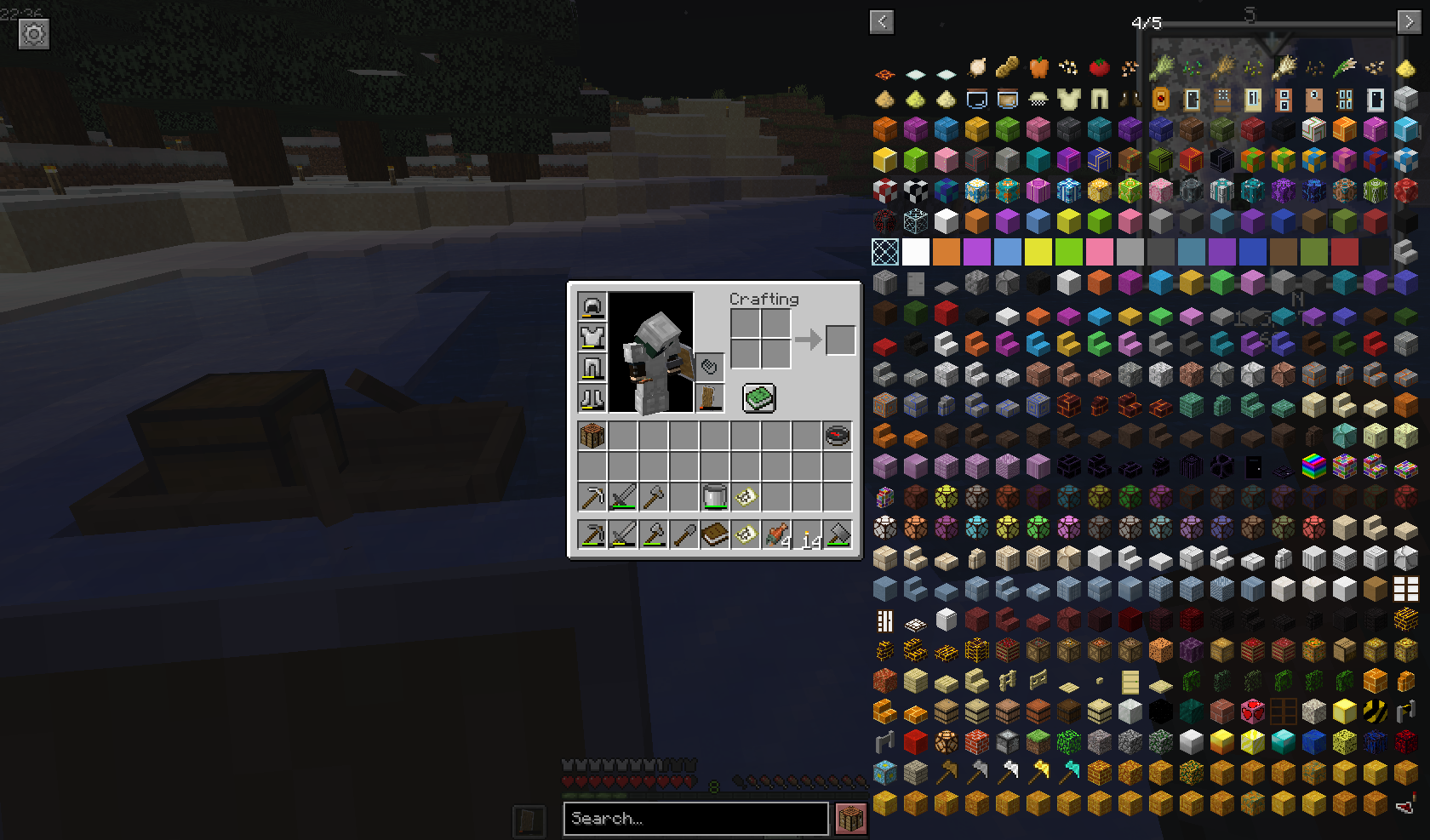 Image 1 of 3 that shows the items/blocks and more in the modpack Kayak/Boat with Chest to the left.
