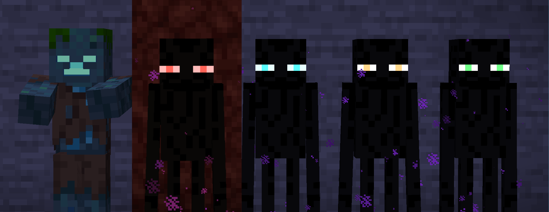 Various types of endermen and drowned with glowing eyes