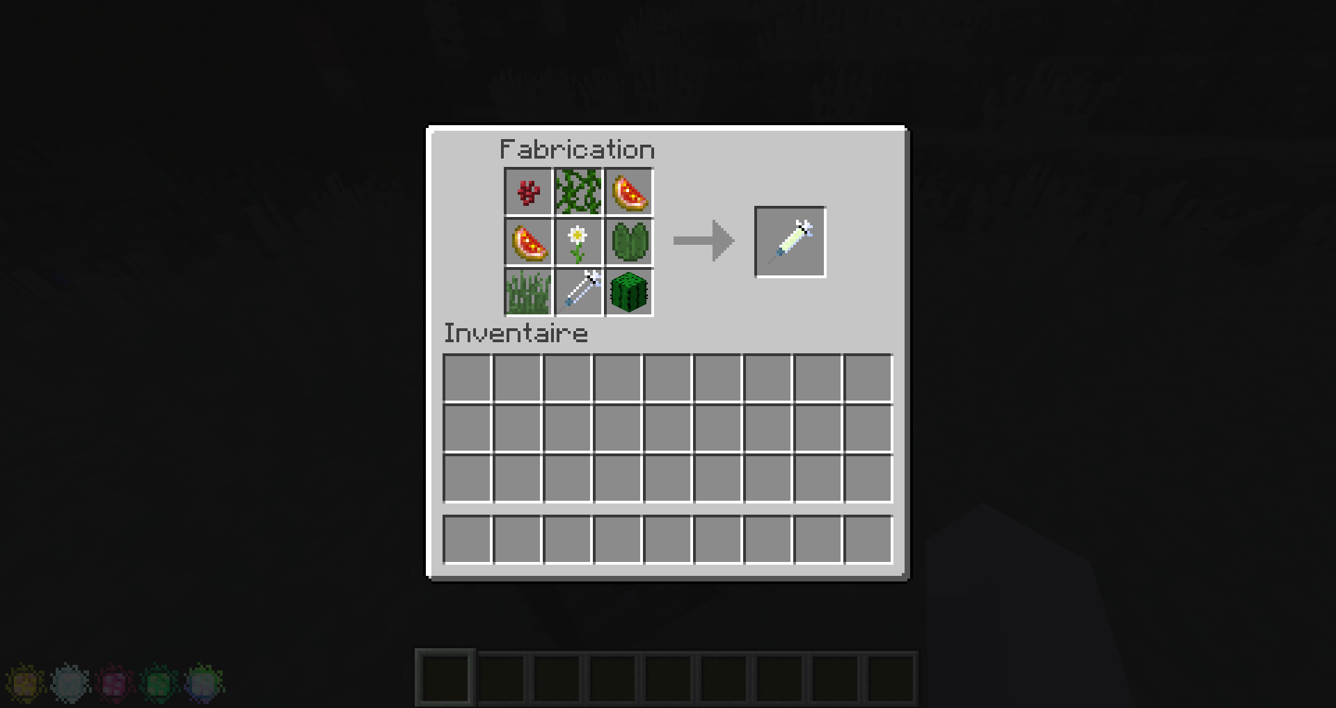 Crafting recipe for the antidote. This is shapeless, and you can use all sorts of plants in minecraft, some are more healthier than others. Try to find out the best antidote recipe !