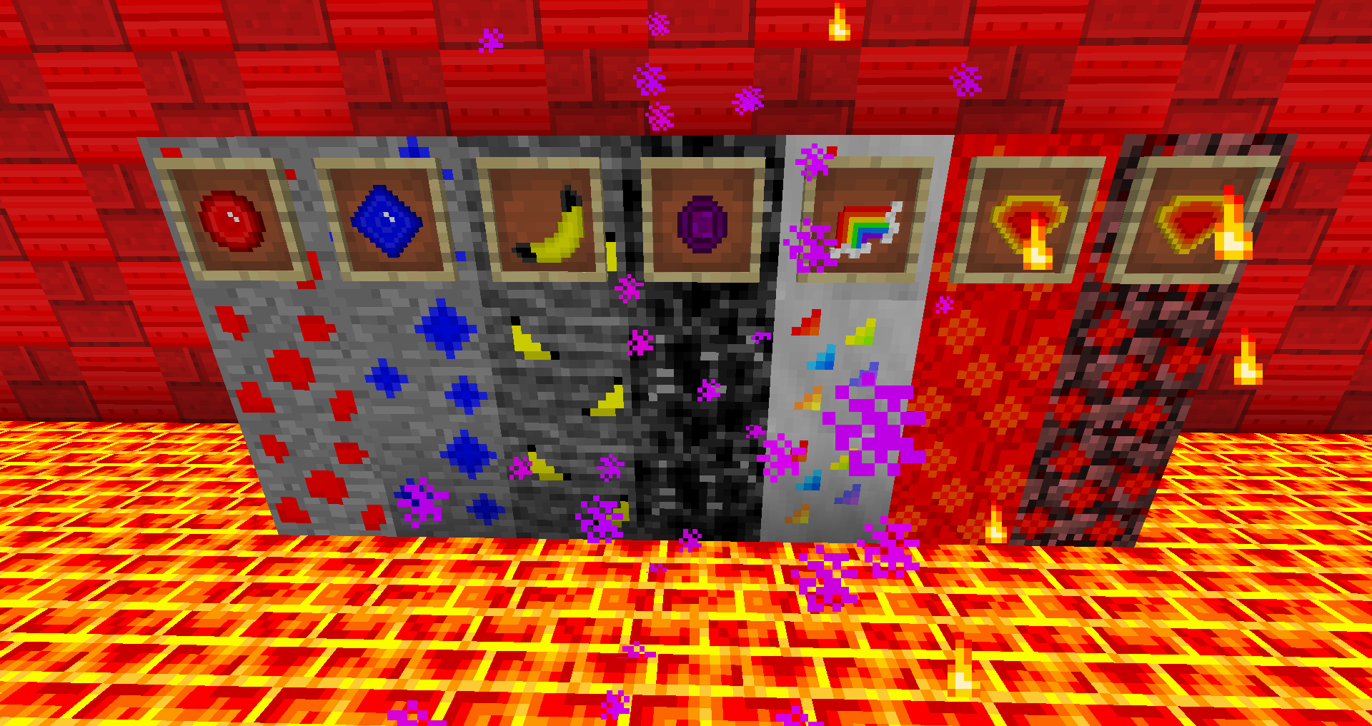 From Left to Right, Ruby, Saphire, Banana, Void, Rainbow, and Fire Crystal (Redlands Version and Nether Version).