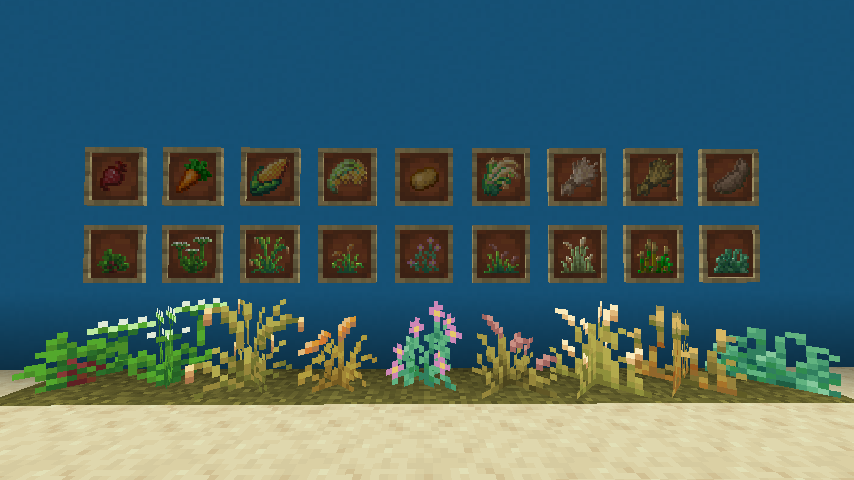 From left to right: Beetroots, Carrots, Corn, Millet, Potatoes, Rice, Rye, Wheat and Yams