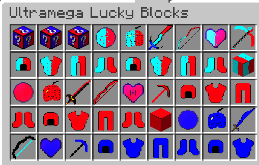 A few Items of the Creative menu of the Lucky Block Ultramega