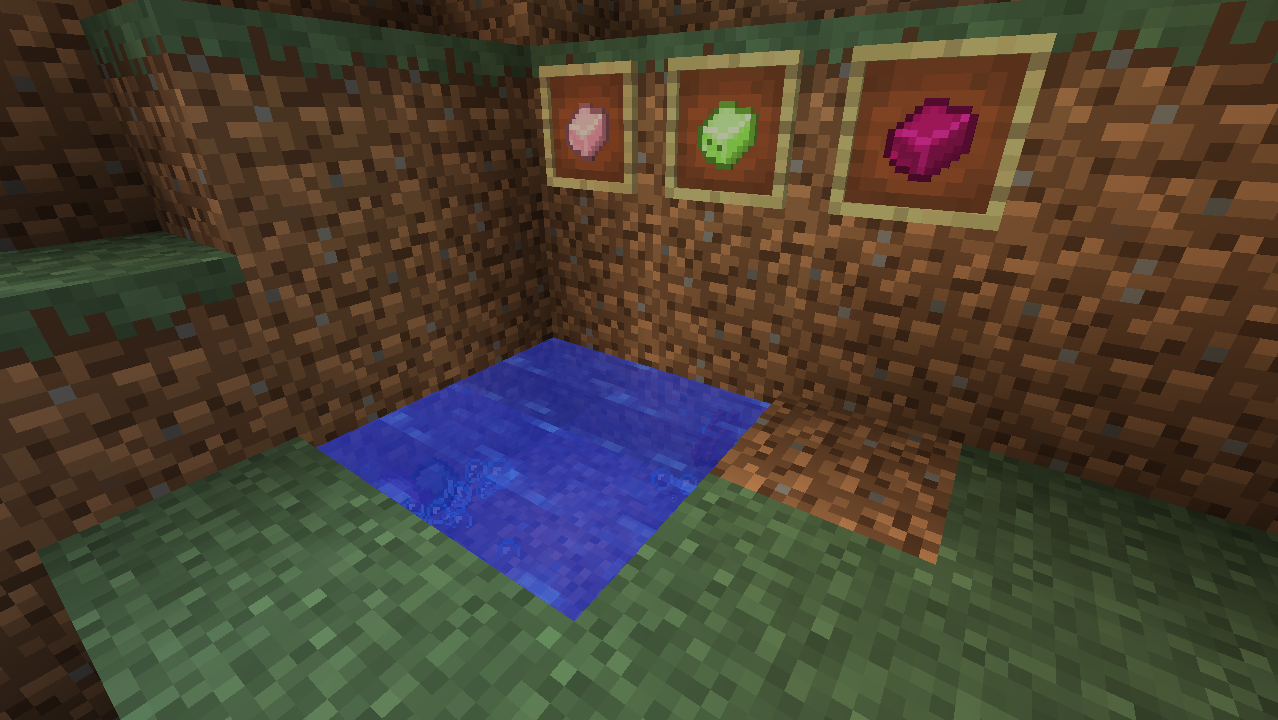 This screenshot shows three of the gum items Gumobtainium adds (in order: Gelatin, Gumbium, Gumobtainium), as well as the bubbling effect that occurs while an item is crafting in the water.