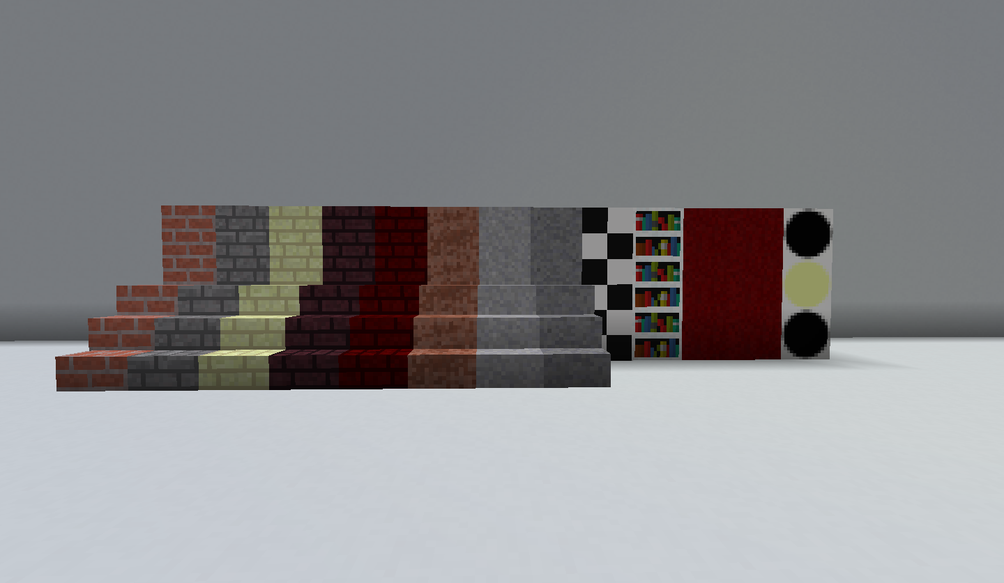 Blocks in picture in order from left to right: Bricks, Stone Bricks, End stone bricks, Nether bricks, Red Nether bricks, Granite, Diorite, Andesite, Polished diorite, Bookshelf, Nether wart block, redstone lamp,